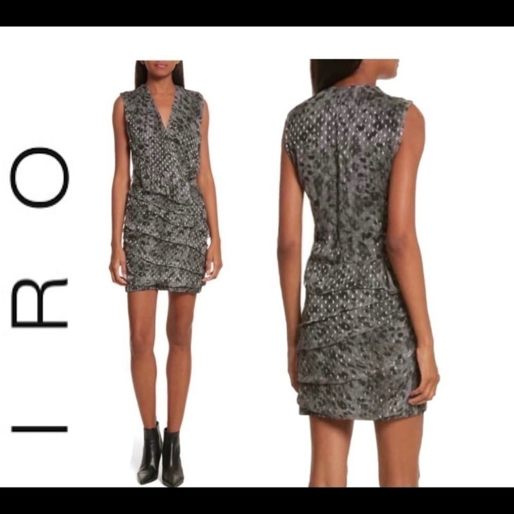 IRO Corie Grey metallic leopard print ruffle frill shift mini dress sleeveless